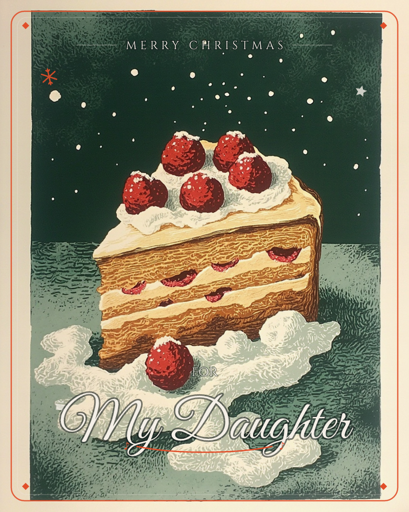 A single slice of layered strawberry shortcake sits against a deep green, star-scattered night sky, its whipped cream spilling and pooling onto the…, a christmas e-card design