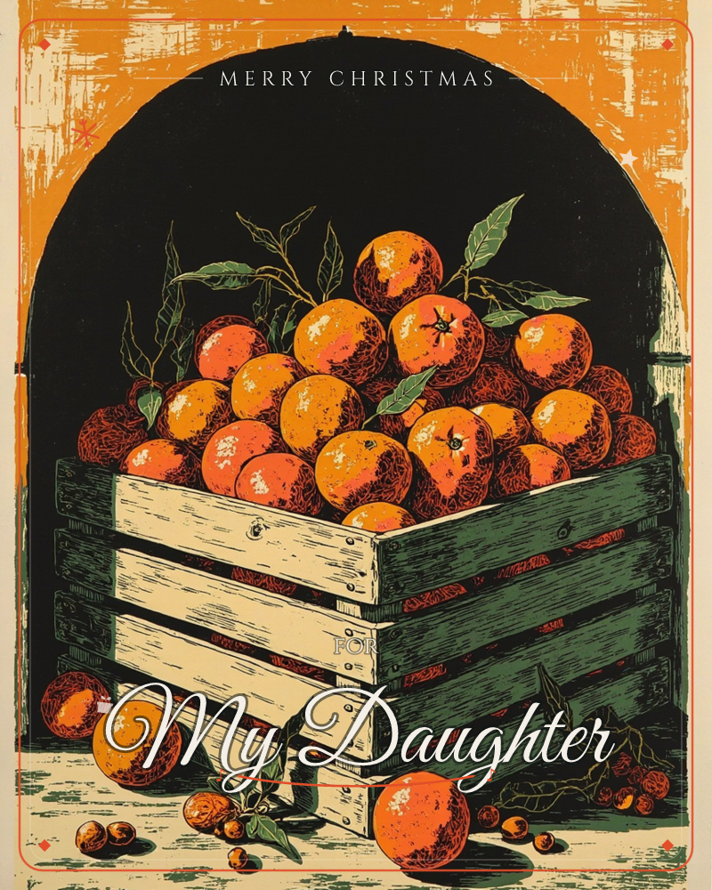 A wooden crate overflows with ripe oranges, leafy stems still attached, set beneath a dark arched alcove framed in bold orange, a christmas e-card design