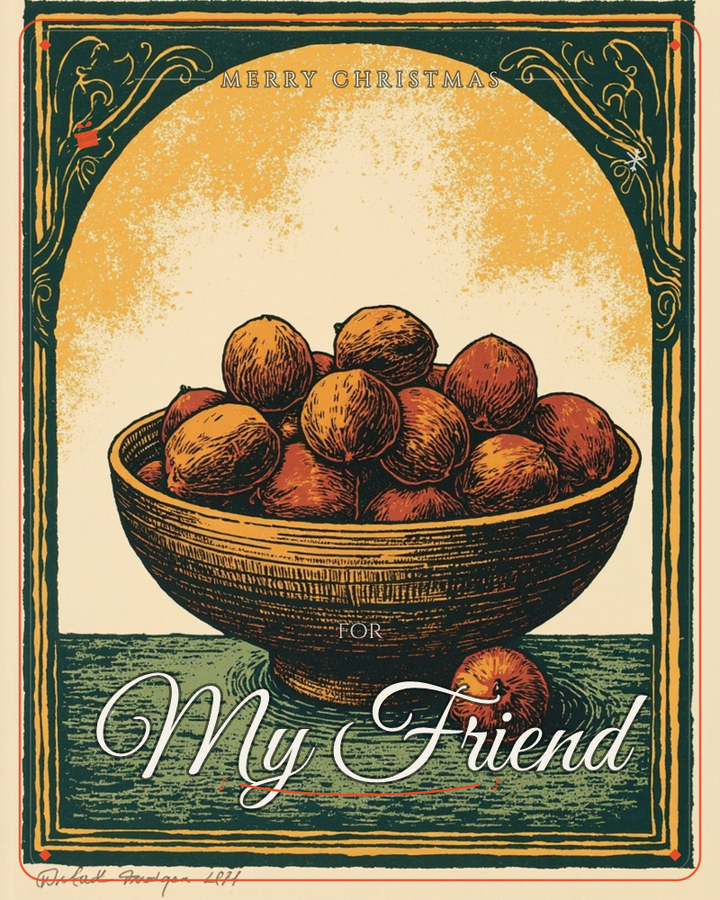 A woodblock-style print shows a wide pedestal bowl heaped with round red-orange fruit, one apple set apart on the table beside it, a christmas e-card design