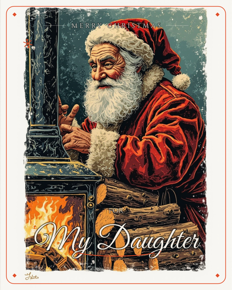 Santa Claus leans beside a glowing black stove, one hand resting on its edge, his red fur-trimmed coat catching the firelight while stacked logs sit…, a christmas e-card design