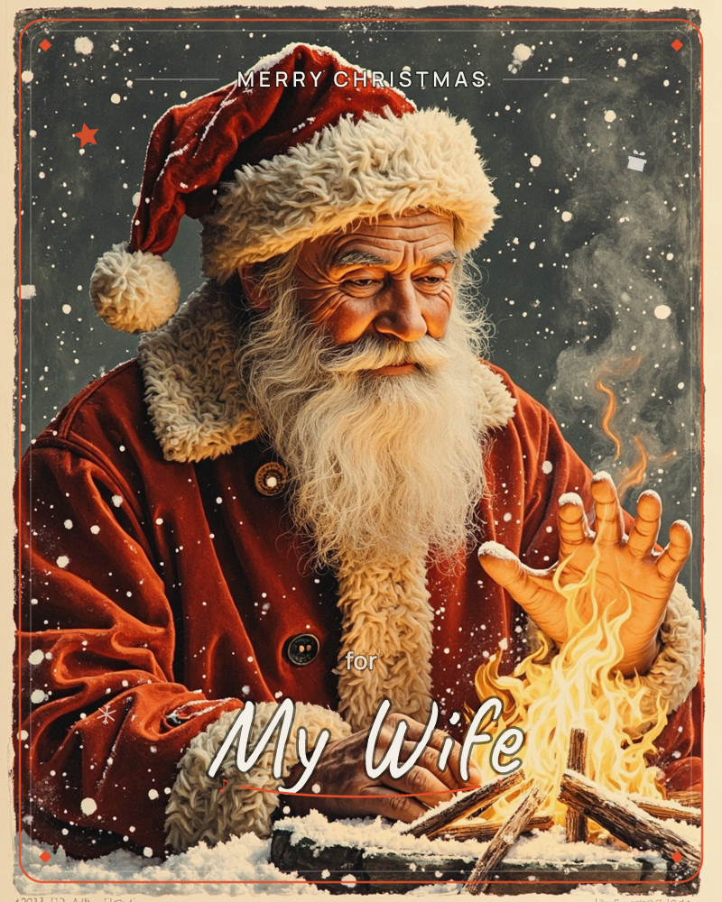 Santa Claus in his red velvet coat and fur-trimmed hat leans over a small crackling campfire, warming his weathered hands against the flames as snow…, a christmas e-card design