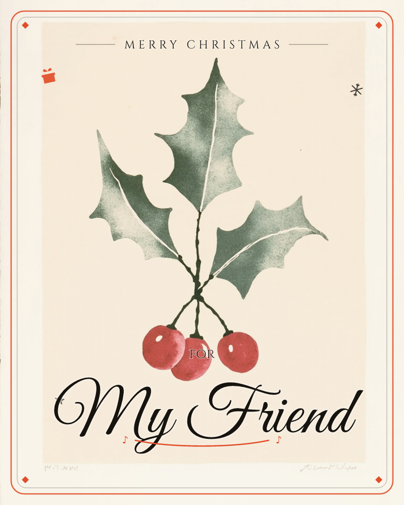 A single holly sprig sits centred on a soft cream background, its three spiky green leaves textured with a speckled, print-like grain and three glossy…, a christmas e-card design