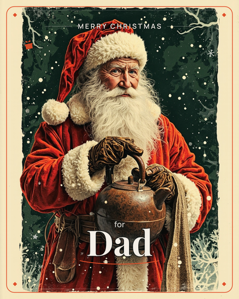 A weathered Santa in a rich red velvet coat stands against a deep pine-green night sky dotted with softly falling snow, a christmas e-card design