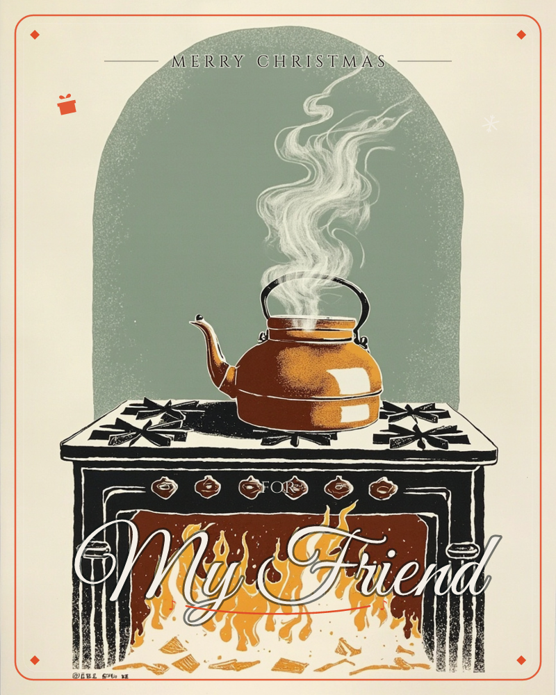 A copper kettle sits atop a black stove with a roaring fire glowing beneath it, steam curling upward in loose ribbons against a muted sage-green arched…, a christmas e-card design