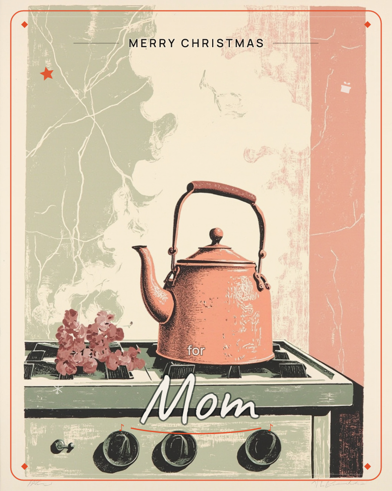 A copper-toned kettle sits on a sage-green stovetop beside a small cluster of pink flowers, printed in bold linocut textures against a backdrop of…, a christmas e-card design