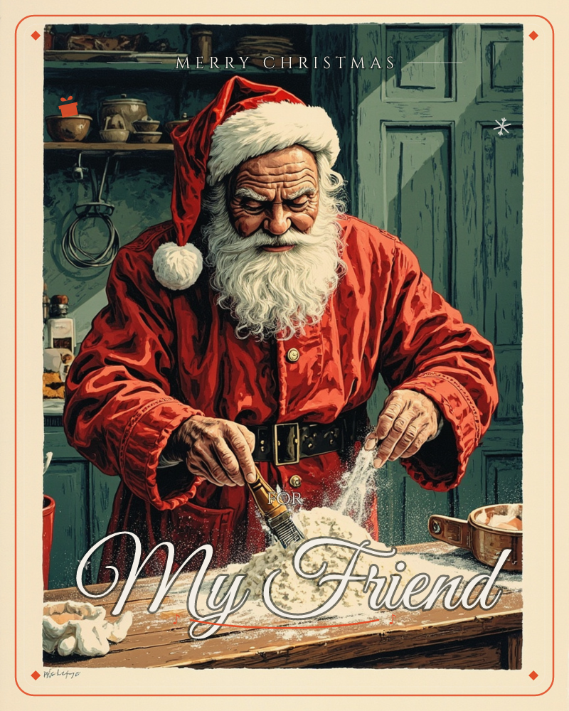 Santa stands at a wooden kitchen counter in his red coat and hat, dusting flour across the tabletop with focused concentration, a christmas e-card design