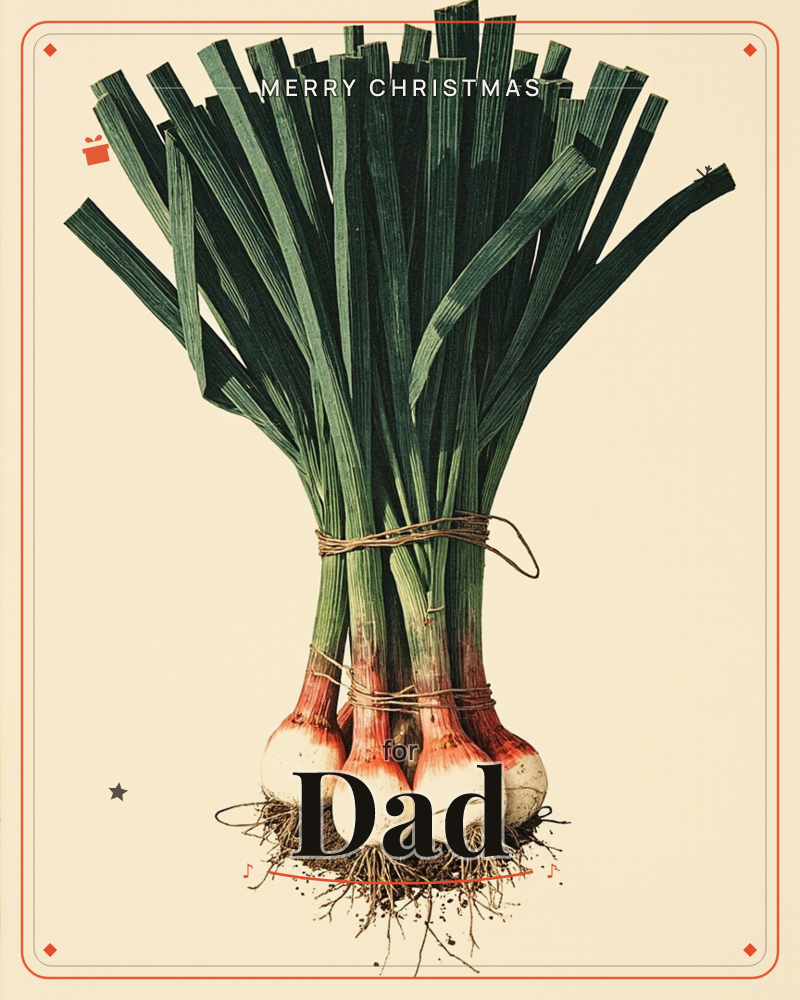 A bunch of freshly pulled spring onions is tied together with twine, their dark green blades fanning upward and pale pink-white bulbs still clinging…, a christmas e-card design