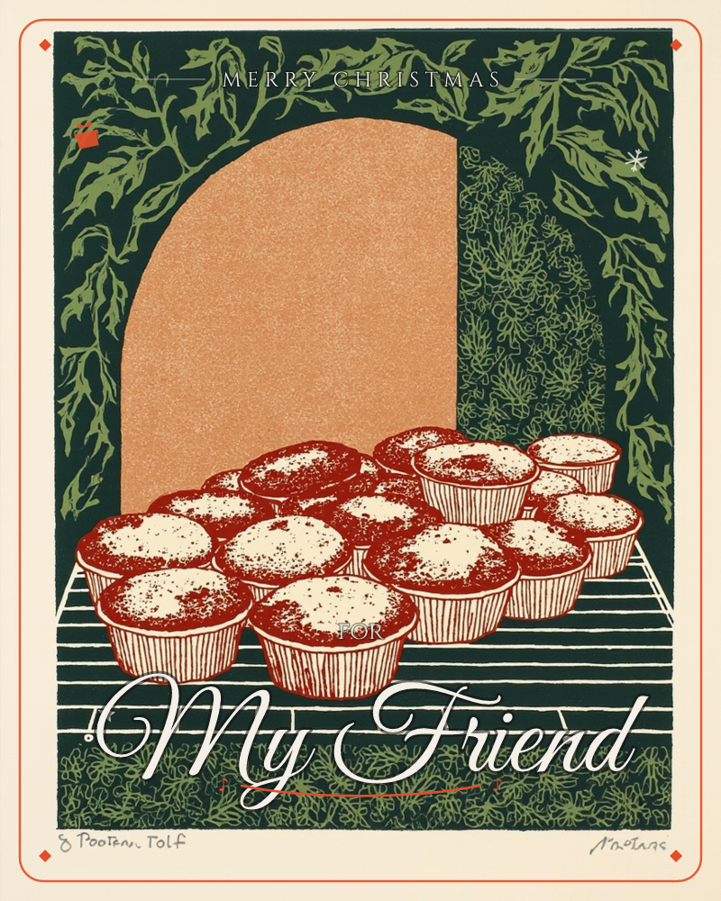 A cluster of freshly baked muffins in striped paper cases sits cooling on a wire rack, set against a dark green archway of stylised leafy vines, a christmas e-card design
