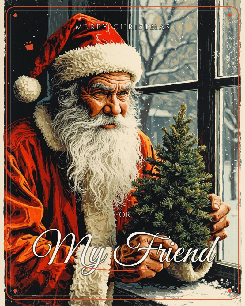 Santa Claus leans close to a windowsill, cradling a small potted fir tree in his weathered hands as snow drifts past the glass behind him, a christmas e-card design