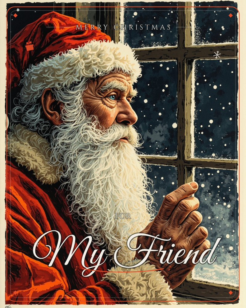Santa is shown in close profile, leaning toward a paned window with hands clasped, gazing out at a snowy night sky, a christmas e-card design