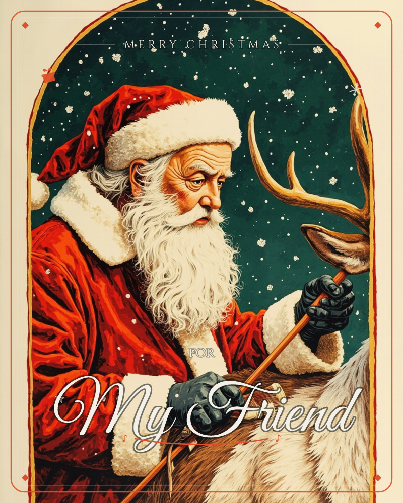 An arched panel shows a close-up of a white-bearded man in a red fur-trimmed coat and hat, gripping a wooden staff beside the antlers and fur of a…, a christmas e-card design