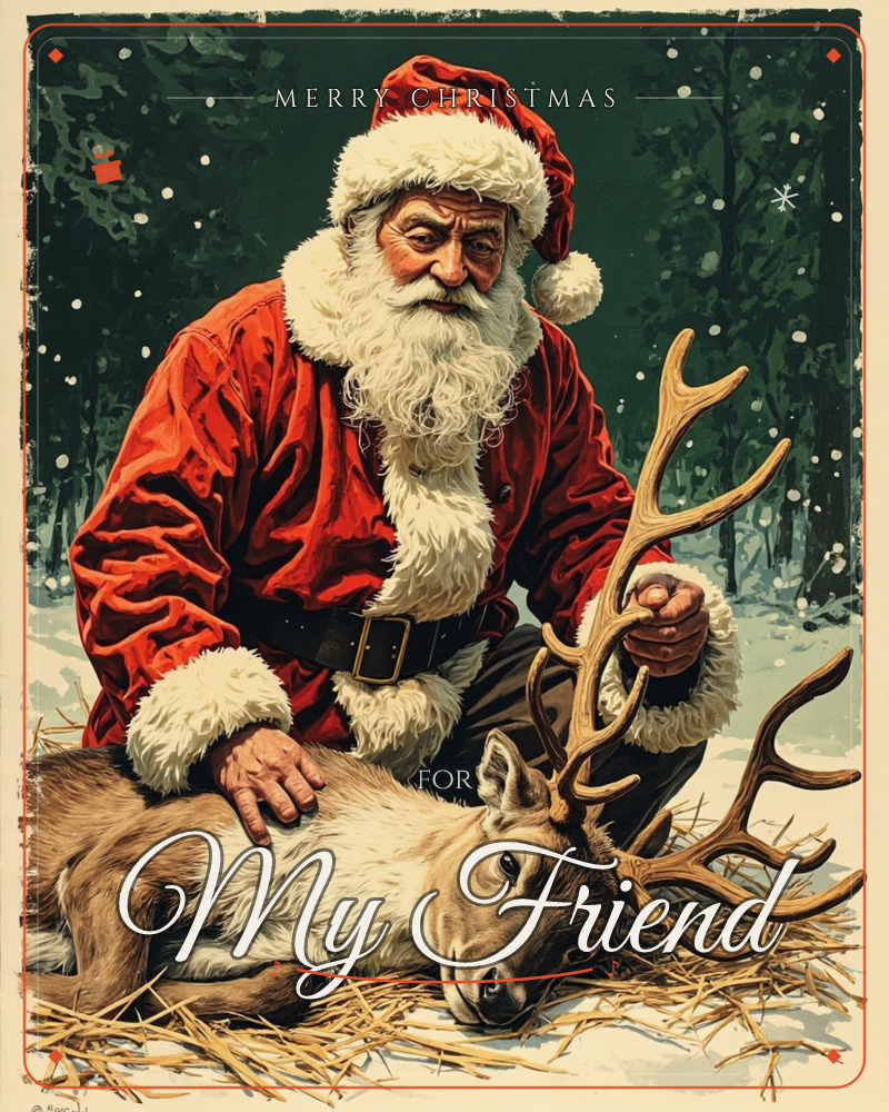 Santa Claus kneels in a snowy forest clearing, gently resting a hand on a reindeer that lies in the straw before him, its great antlers rising between…, a christmas e-card design