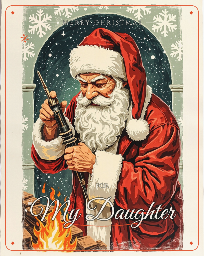 Santa Claus leans in close to a crackling bonfire, working a bellows or blowtorch-like tool with focused concentration, his white beard glowing against…, a christmas e-card design