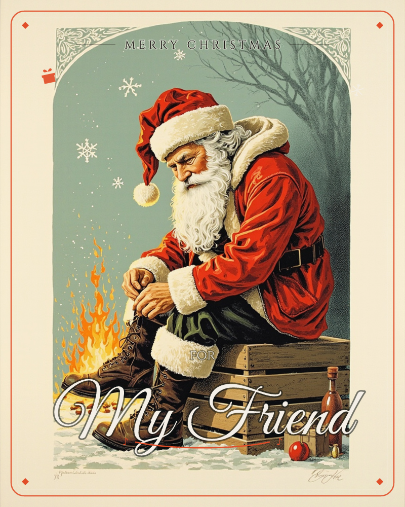Santa sits on a wooden crate beside a crackling campfire, bent over lacing up his sturdy leather boots as snow falls under bare winter trees, a christmas e-card design