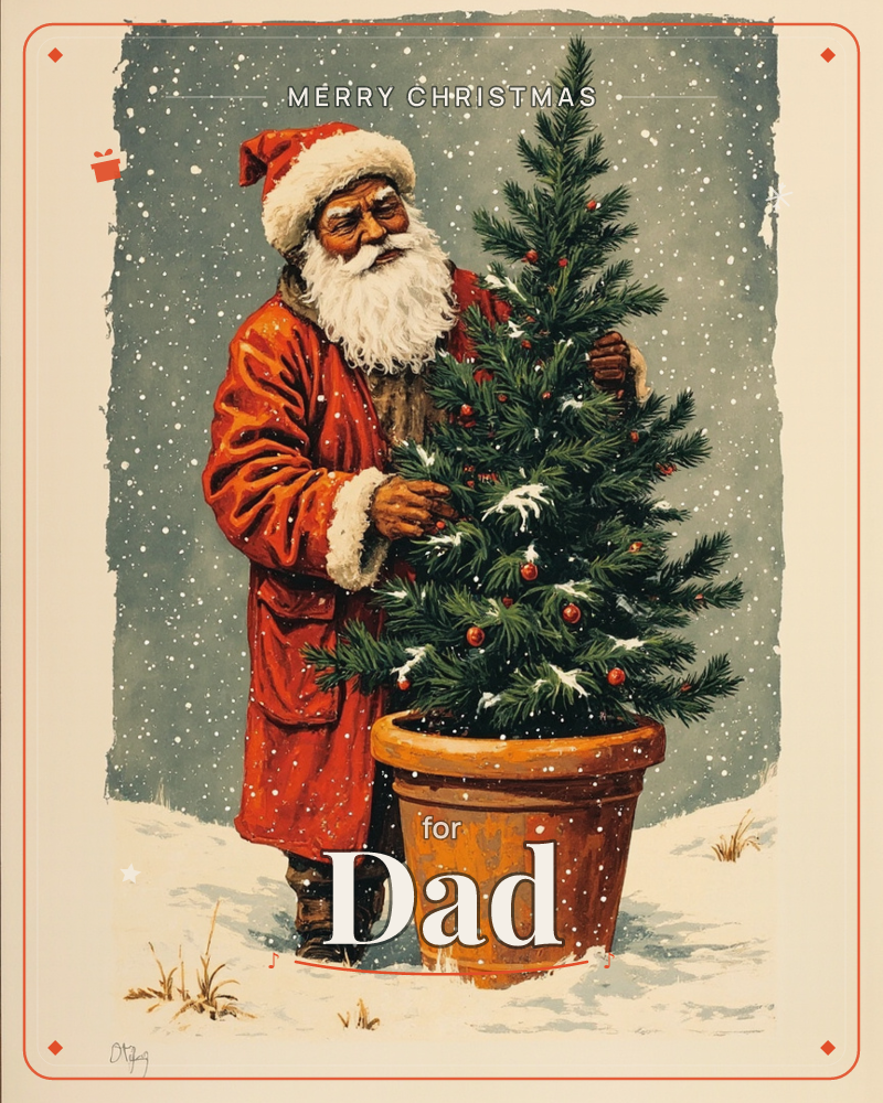 Santa Claus stands in falling snow behind a small potted fir tree, his weathered hands cupped gently around its branches as if steadying it against the…, a christmas e-card design