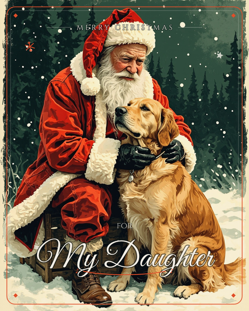 Santa Claus kneels on a wooden crate in a snowy pine forest, gently cupping the face of a golden retriever who gazes up at him adoringly, a christmas e-card design