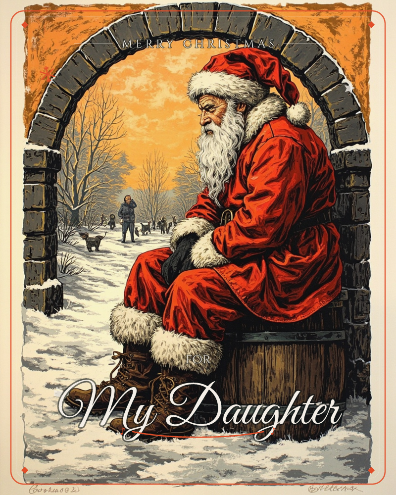 Santa sits weary on an upturned wooden barrel beneath a stone archway, his red coat and white beard rendered in bold woodcut lines against a glowing…, a christmas e-card design