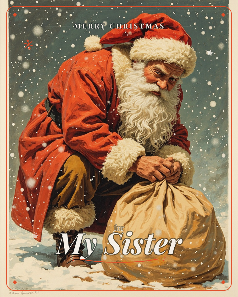 A weathered Santa Claus kneels in falling snow, cinching closed a heavy burlap sack of gifts against a deep teal night sky, a christmas e-card design