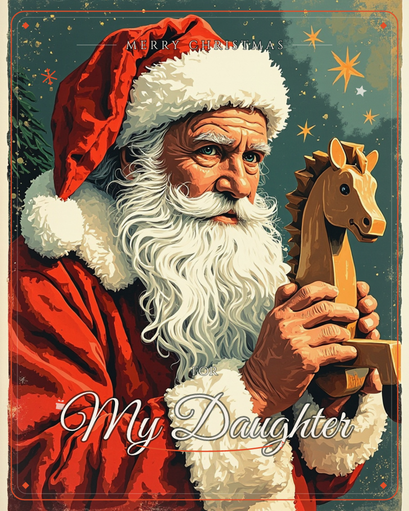 A close-up illustration of Santa Claus in his red hat and fur-trimmed coat, gazing thoughtfully at a wooden toy horse he holds in his weathered hands, a christmas e-card design