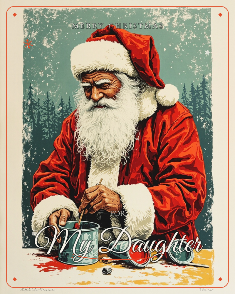 Santa Claus leans over a workbench, dipping a brush into a paint tin as small cans of red and blue lie scattered before him, a christmas e-card design