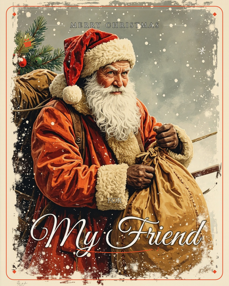 A weathered, old-world Santa trudges through falling snow, sack of gifts slung over one shoulder and another clutched in his gloved hands, a christmas e-card design