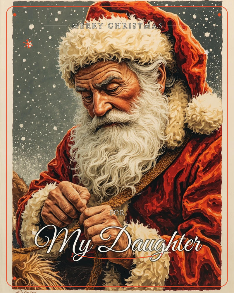 A close-up portrait of a weathered old man in a red fur-trimmed coat, his long white beard and curled hair catching the light as he ties a thick rope…, a christmas e-card design