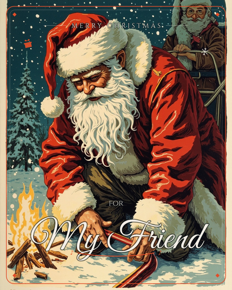 Santa kneels in the snow beneath a starry night sky, carefully lighting a small campfire of gathered sticks while a second bearded figure watches from…, a christmas e-card design