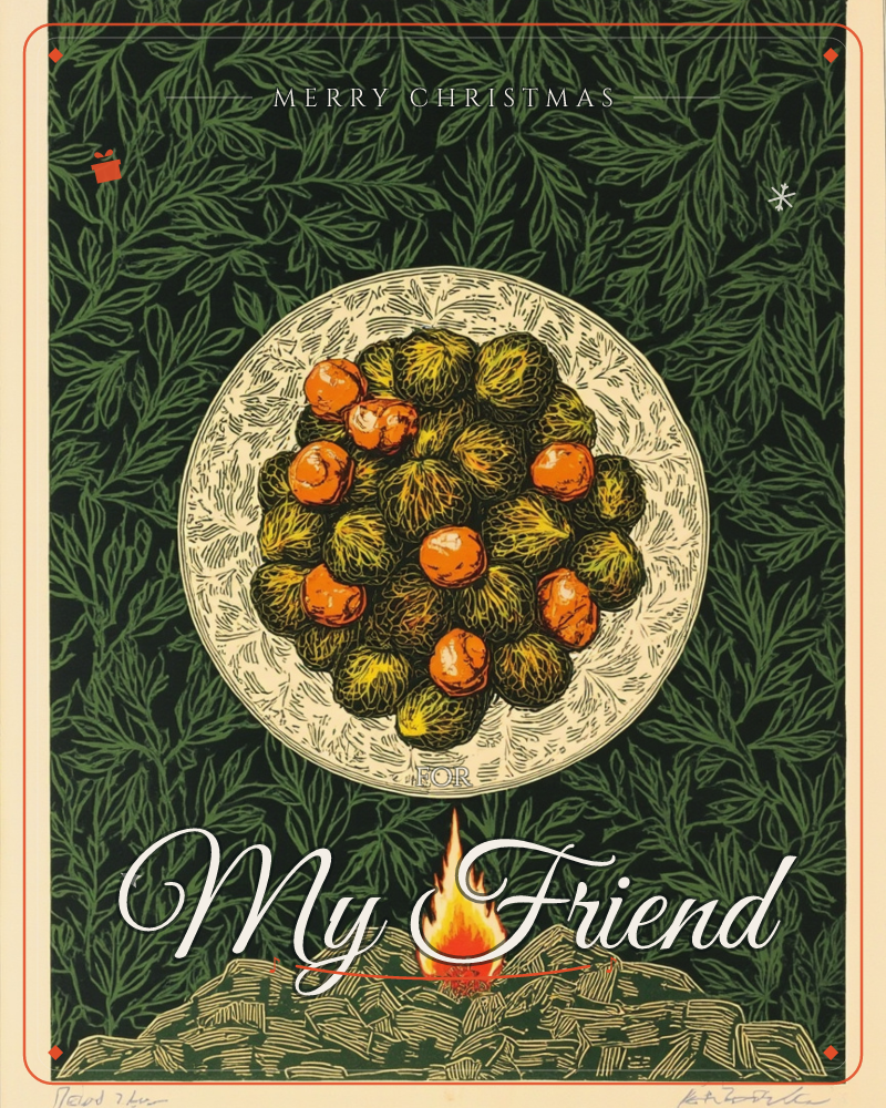 A round patterned plate is piled high with brussels sprouts and roasted chestnuts, hovering above a small bonfire against a dense backdrop of hand-cut…, a christmas e-card design