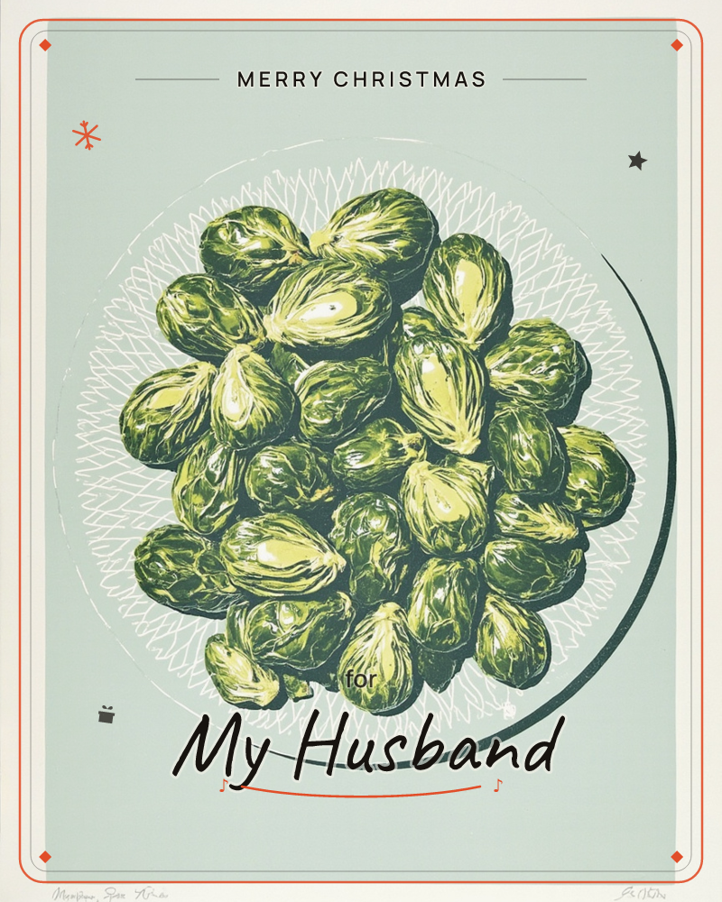 A heaped pile of Brussels sprouts sits on a patterned plate, rendered in bold layered green tones against a pale sage background, a christmas e-card design