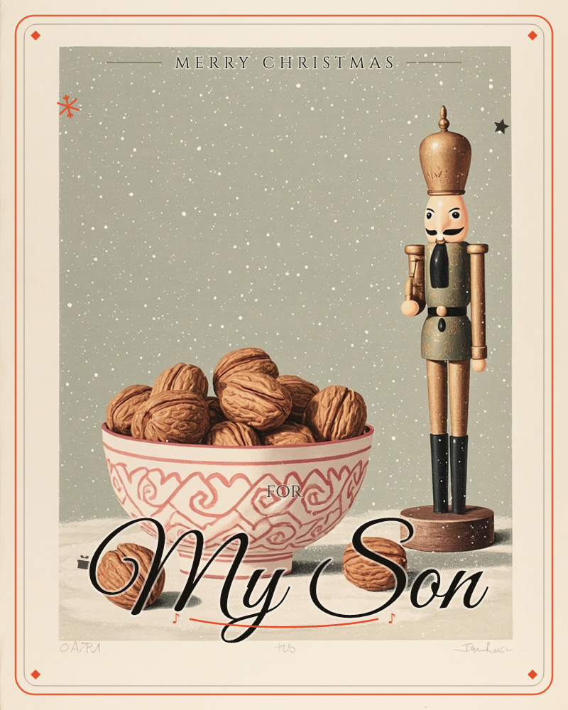A patterned pink-and-white bowl overflows with whole walnuts beside a tall wooden nutcracker soldier standing guard on a snow-dusted surface, a christmas e-card design