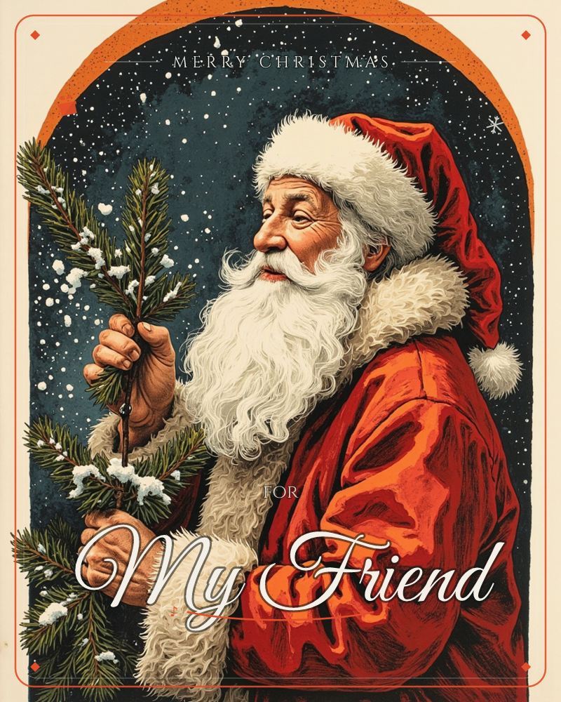 Santa Claus is shown in profile within an arched frame, holding a snow-dusted evergreen sprig in both hands against a deep midnight-blue sky flecked…, a christmas e-card design