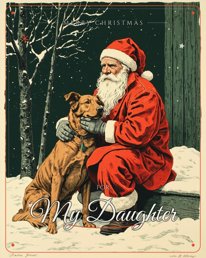 Santa Claus kneels on a snowy porch step at night, cradling the face of a brown dog with both gloved hands, snow-dusted birch trees standing behind…, a christmas e-card design