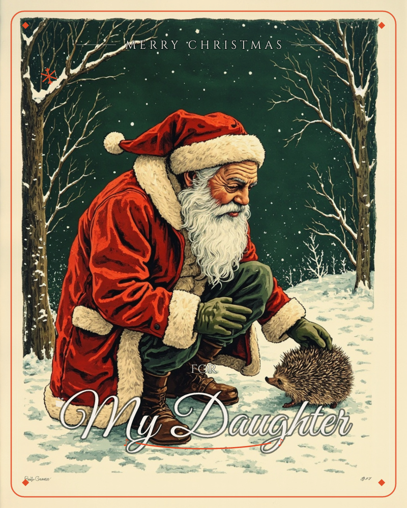 Santa kneels in a snowy grove of bare, frost-dusted trees, gently reaching out to greet a small hedgehog on the ground, a christmas e-card design