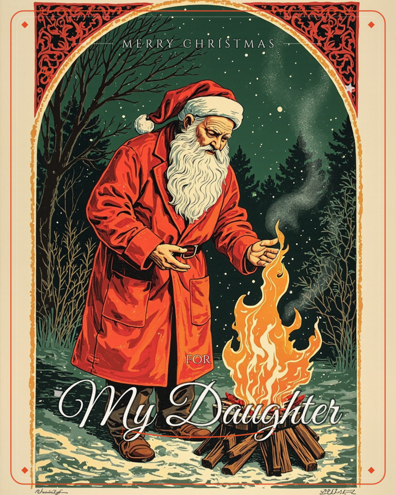 A long-bearded Santa in a red coat and cap stands warming his hands over a bright bonfire in a snowy forest clearing at night, bare trees silhouetted…, a christmas e-card design