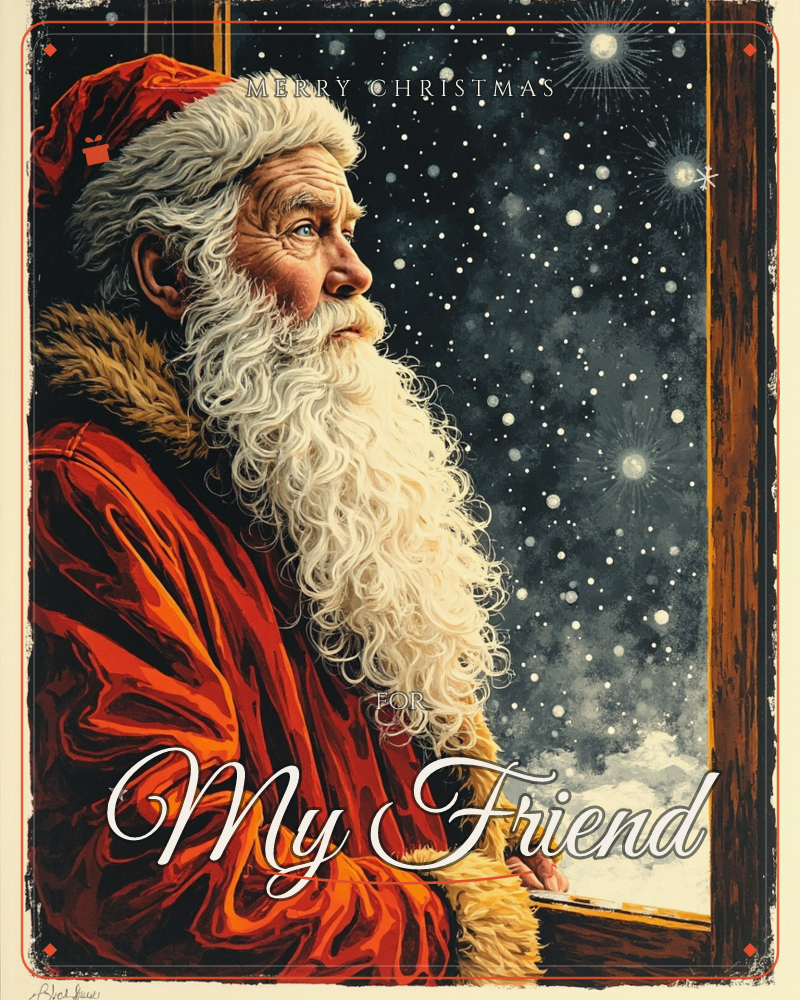 An illustrated Santa figure in profile gazes out through a wooden-framed window at a starry night sky lit with bursts of light and drifting snow, a christmas e-card design