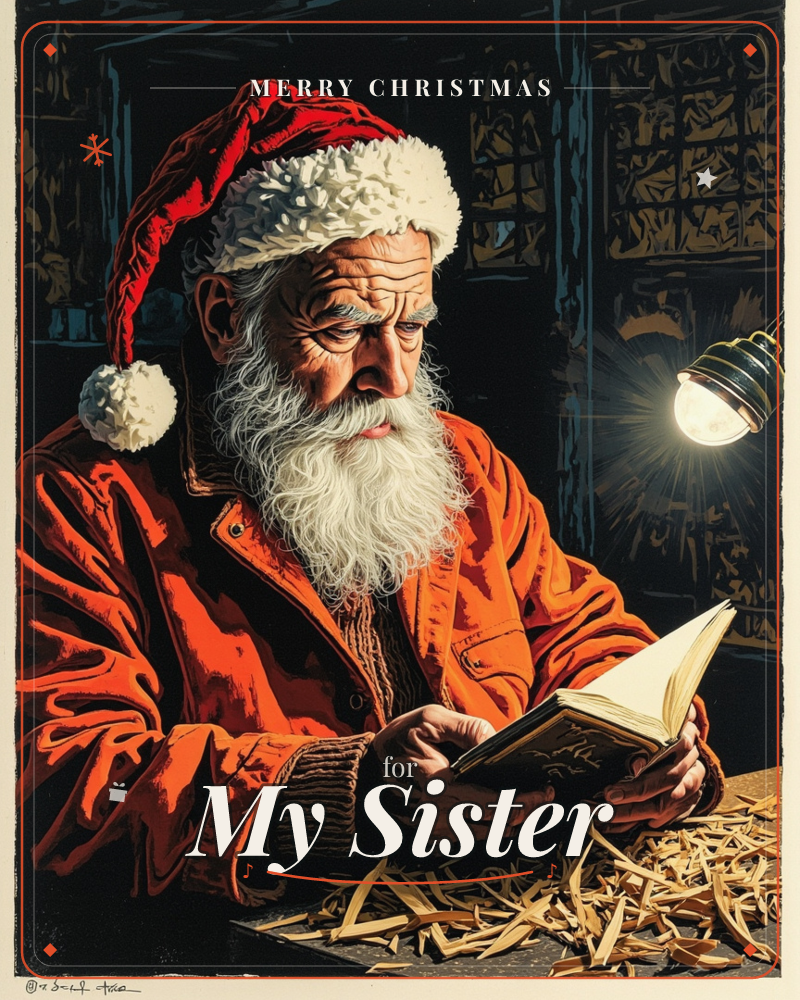 Santa Claus sits in a dim workshop, absorbed in reading a worn book by the glow of a single hanging bulb, his red coat and white beard lit warm against…, a christmas e-card design