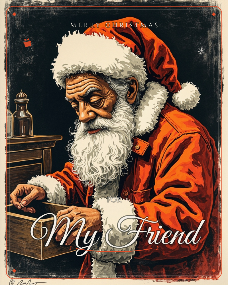Santa Claus is shown in close profile against a rough black backdrop, his eyes lowered as he pulls open a wooden drawer beside a shelf holding an old…, a christmas e-card design