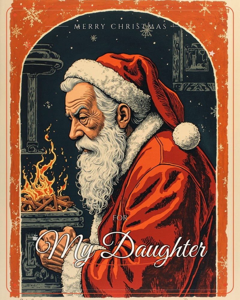 A woodcut-style Santa in profile warms his hands over a small crackling fire, his long white beard and fur-trimmed cap catching the flame's glow…, a christmas e-card design