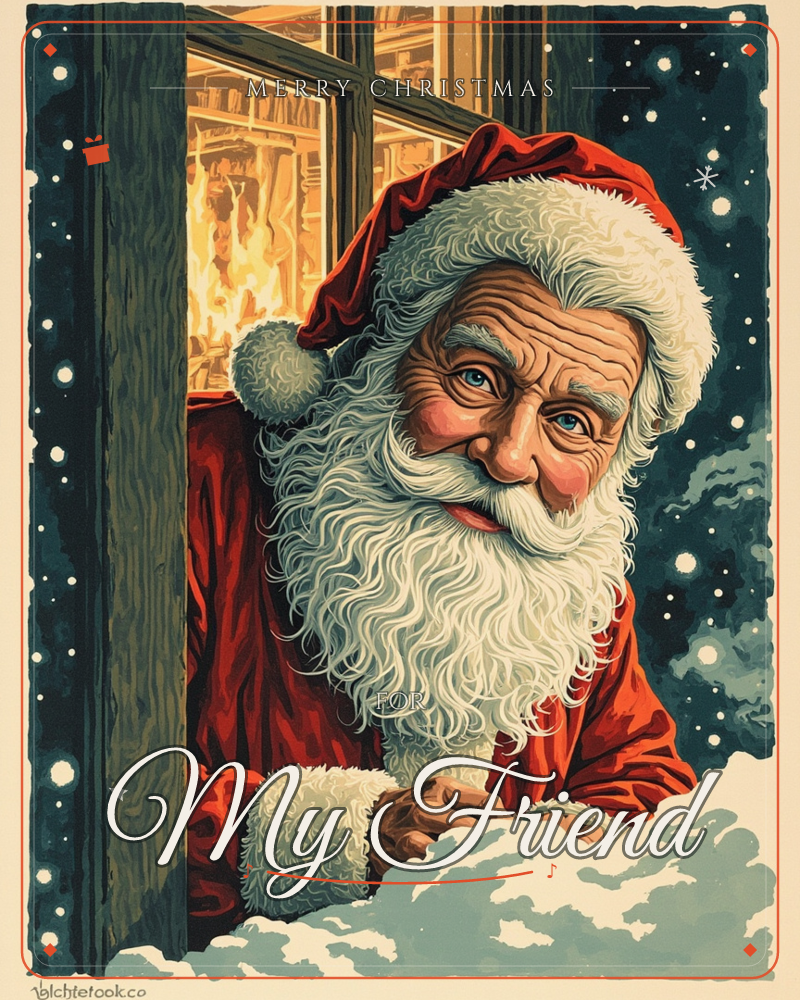 Santa Claus leans through a snowy windowsill at night, his red coat and thick white beard lit warmly against the dark, snow-flecked sky, a christmas e-card design