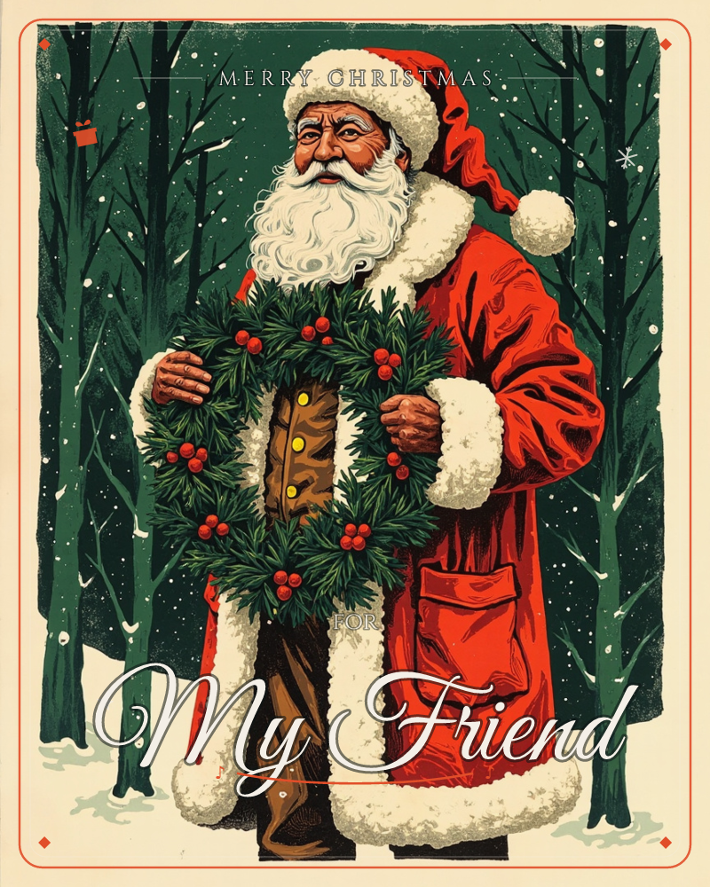 Santa Claus stands in a snowy forest of dark pine trees, holding a full holly wreath dotted with red berries against his fur-trimmed red coat, a christmas e-card design