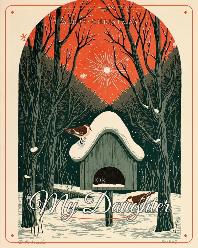 A snow-capped birdhouse stands in a winter forest clearing, its roof piled thick with drifted snow, while two small birds perch nearby, one on the…, a christmas e-card design