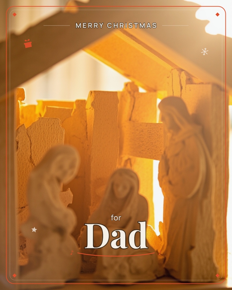 A small wooden nativity stable is lit from behind by warm golden light, its rough-cut roof and beams glowing amber against the glare, a christmas e-card design