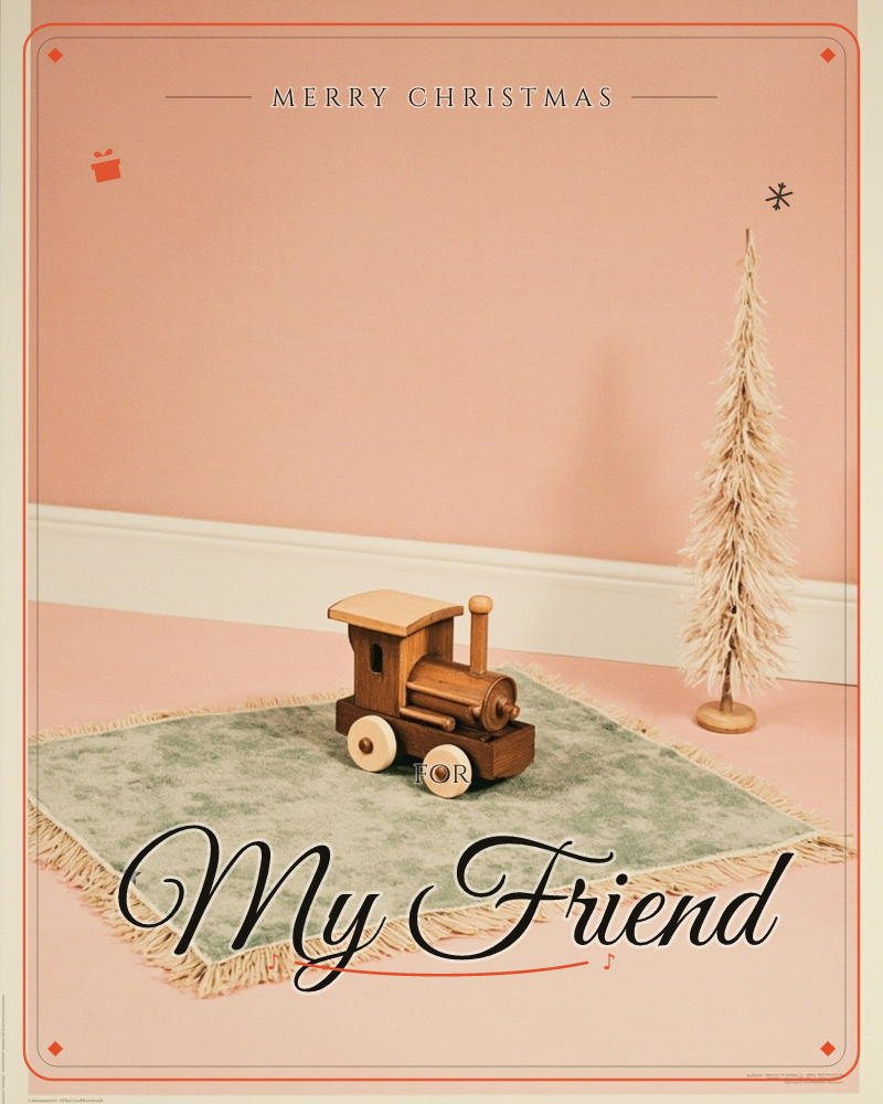 A wooden toy train sits on a fringed sage-green rug against a soft pink wall, with a slender cream tinsel tree standing to the side, a christmas e-card design