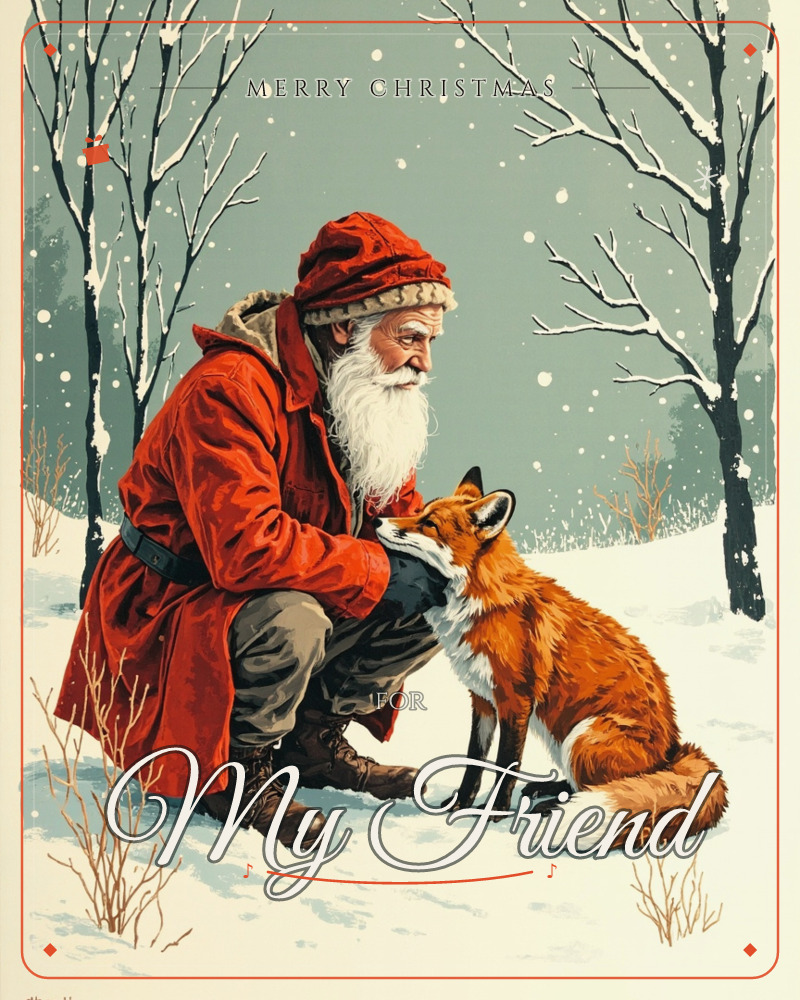 An old man in a red coat and fur-trimmed cap kneels in the snow, gently touching the chin of a red fox that sits calmly beside him, a christmas e-card design
