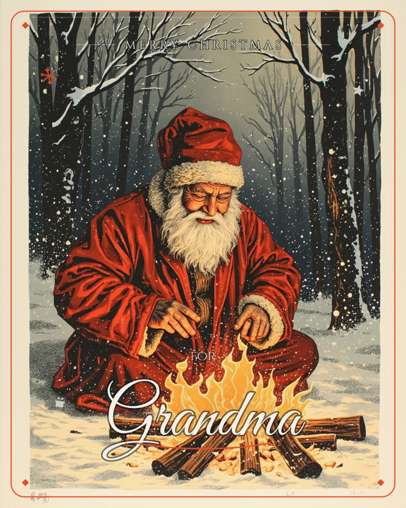 A man dressed as Santa Claus kneels in a snowy forest, warming his hands over a small campfire built from stacked logs, a christmas e-card design