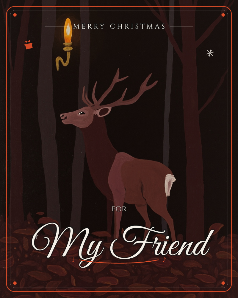 A stag with tall branching antlers stands among dark tree trunks in a night forest, its head lifted toward a small floating candle flame set on a…, a christmas e-card design