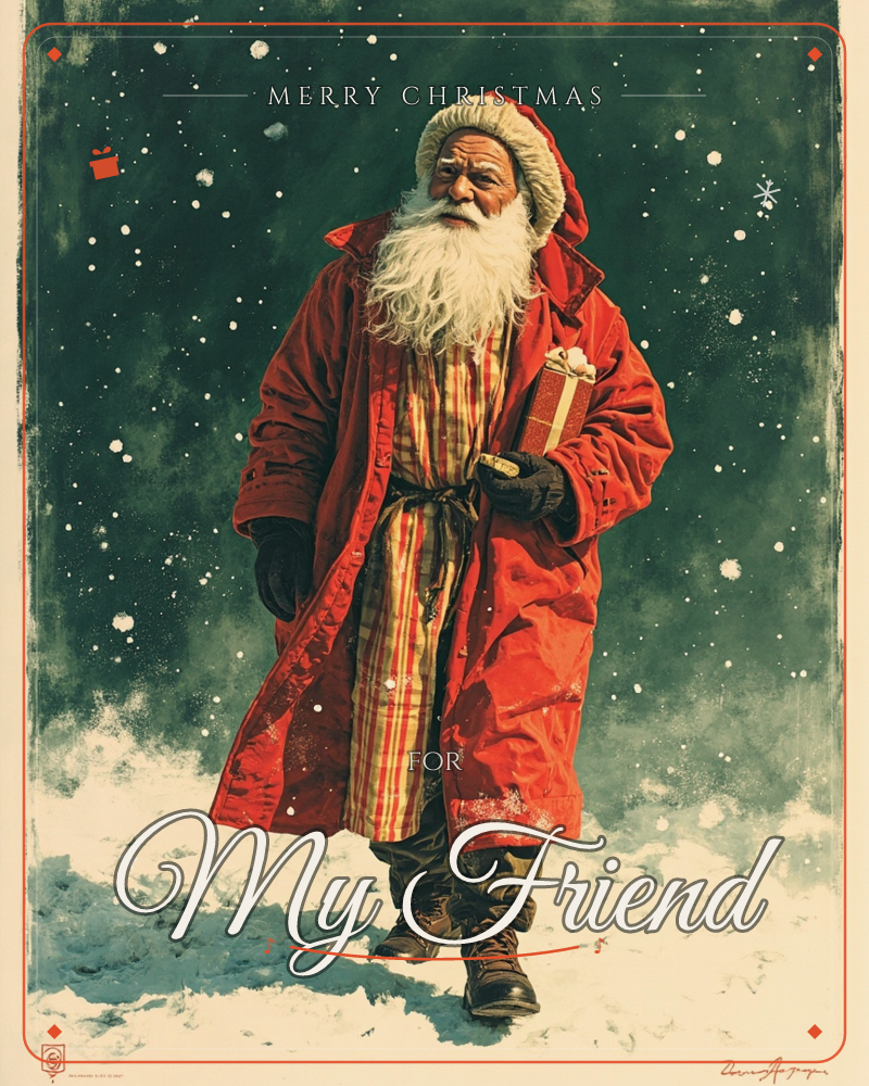 Santa walks alone through falling snow beneath a deep green night sky, his red coat open over a striped shirt, a small wrapped gift tucked under one arm, a christmas e-card design