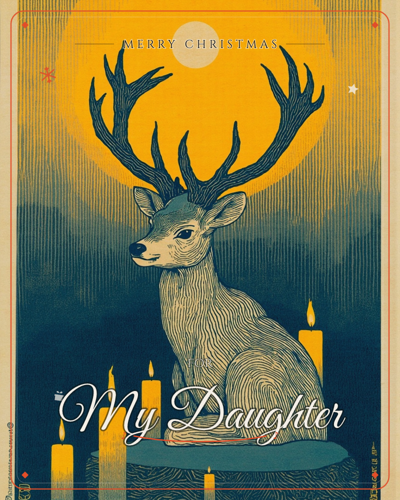 A stag with towering, intricately branched antlers sits calmly on a stone-like base, its body rendered in fine woodgrain-style linework, a christmas e-card design