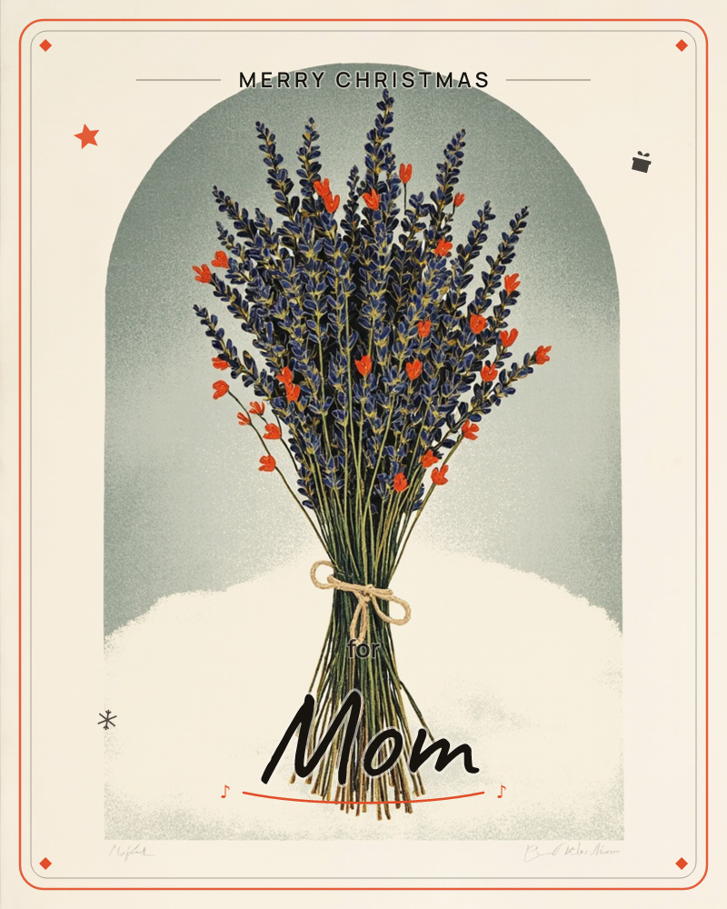 A tied bundle of lavender sprigs and small red-orange blossoms stands upright inside a soft grey archway, its long stems fanning out over a mound of…, a christmas e-card design