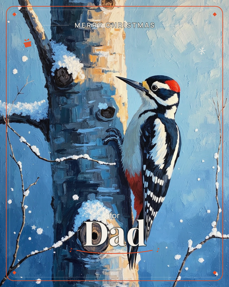 A woodpecker with bold black, white and red markings clings to a snow-dusted birch trunk against a cold blue winter sky, a christmas e-card design